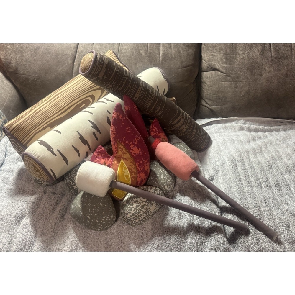 The Land of Nod Crate & Barrel Kids Toy Campfire Plush Playset Logs Stones Fire
